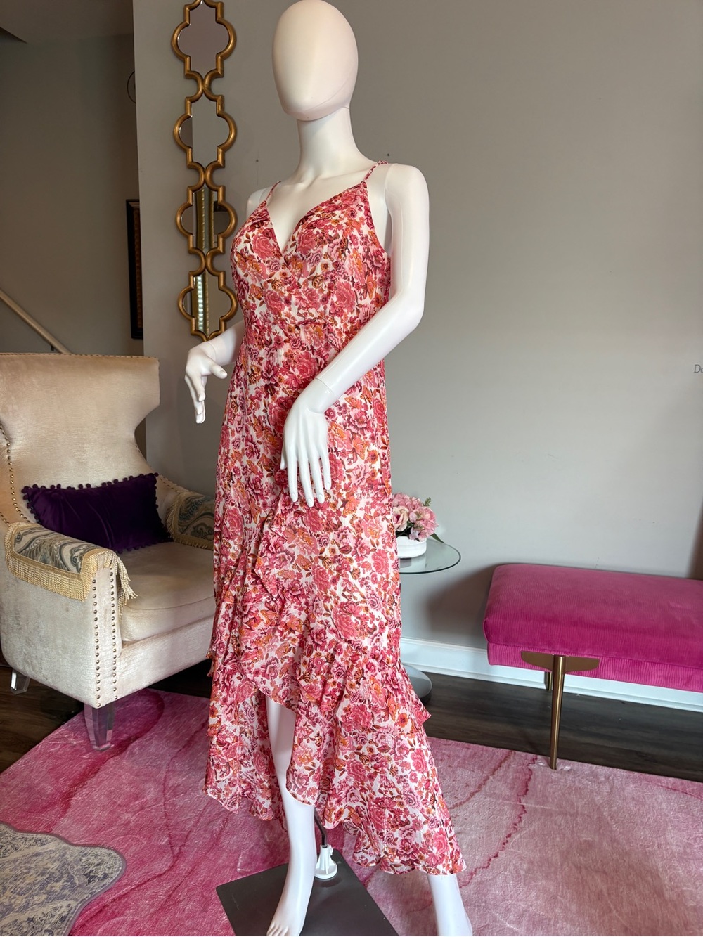 Lulus Lovable Spirit Pink Floral Burnout High-Low Maxi Dress Size L NWOT